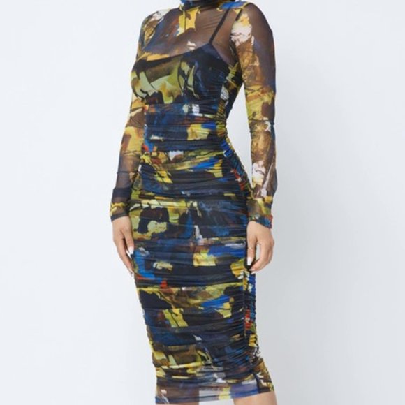 Mock neck print Midi dress w/ruched mesh details - Picture 3 of 8